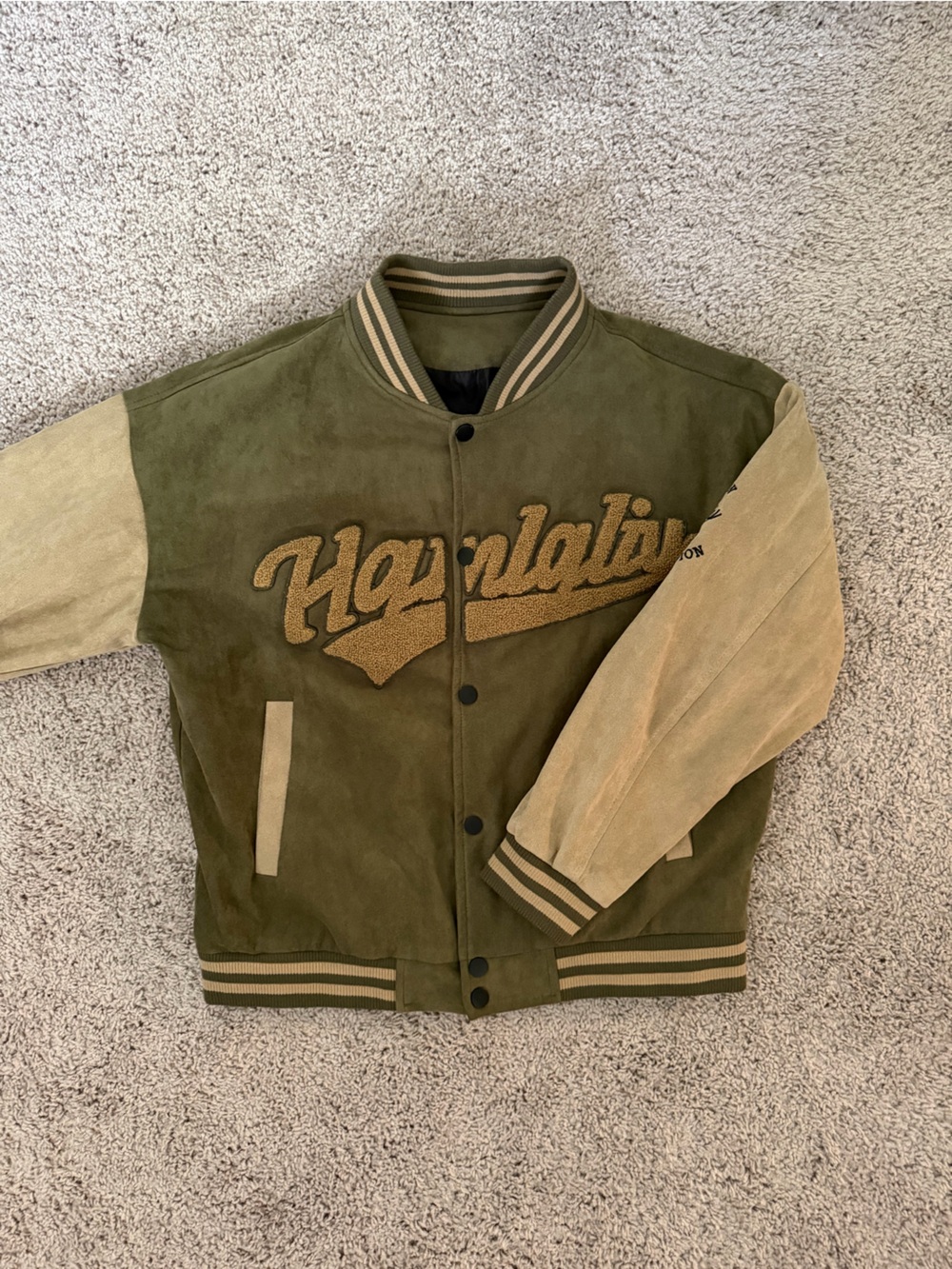 Olive & Tan Varsity Bomber Jacket with Script Patch
